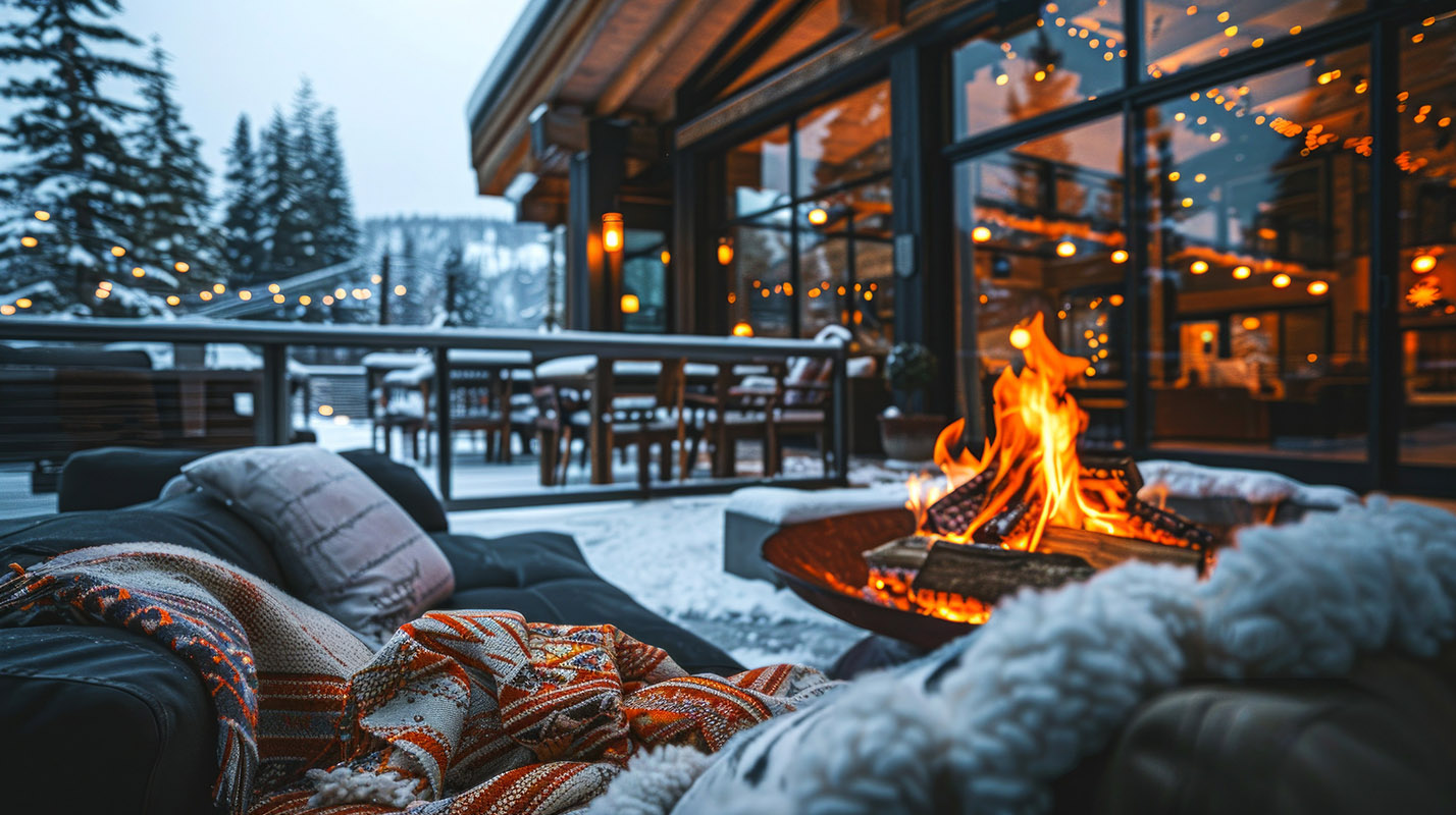 Cozy Outdoor Fire Pit Area with Comfortable Seating Overlooking Snowy Mountain Landscape in Winter Chalet. Concept of Winter Relaxation, Cabin Retreat, Outdoor Comfort, Warmth, Resort.